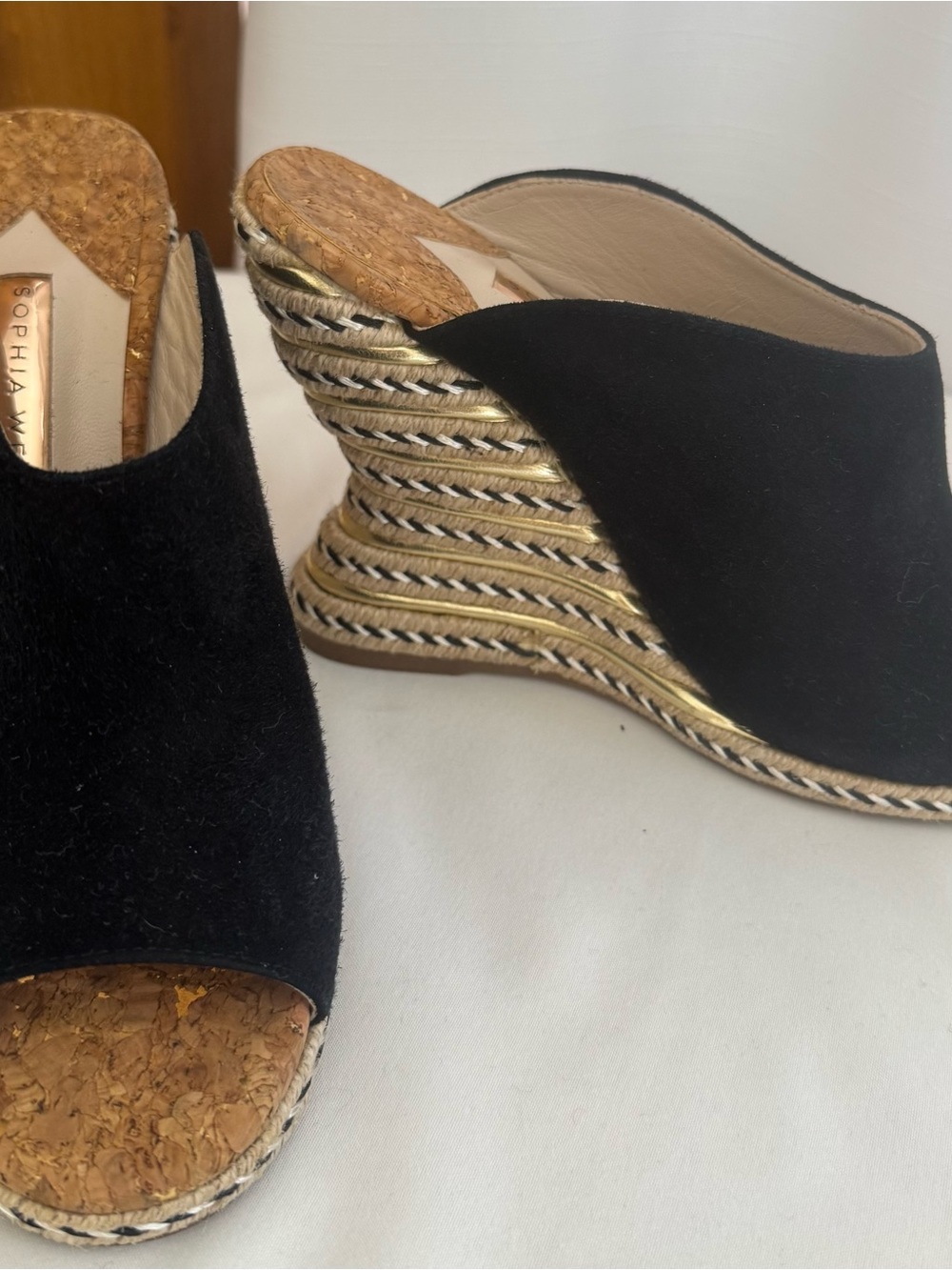 Sophia Webster Black Suede Wedge Mules with Gold Braided 4 1/2 Heels- Size 6